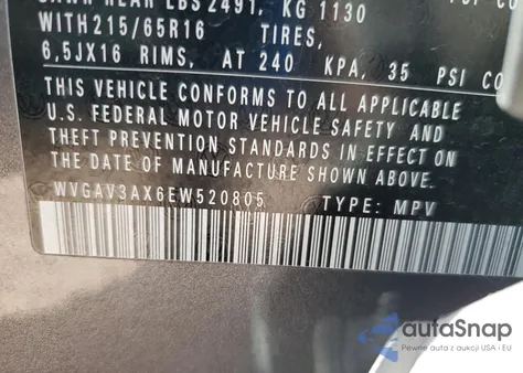 2014 Volkswagen Tiguan S из США, поврежденный, VIN 520805